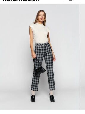 Reformation Black & Gray Plaid Straight-Leg Pants